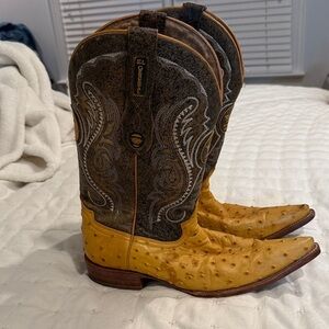 Vintage El Tejano Full Quill Ostrich Print Leather Pointed Toe Cowboy Boots